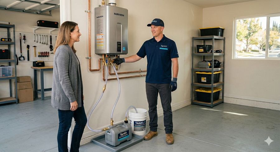 Tanklr technician explaining service to homeowner